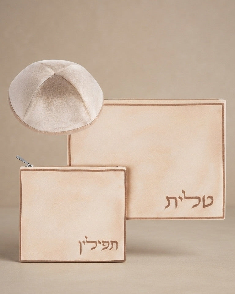 סט טלית תפילין כיפה קטיפה חריטת לייזר טלית תפילין