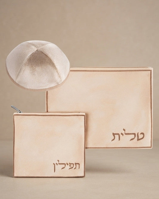 סט טלית תפילין כיפה קטיפה חריטת לייזר טלית תפילין